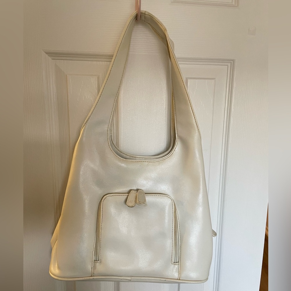 Vintage Cream Shoulder Bag with Long Strap and Large Compartment